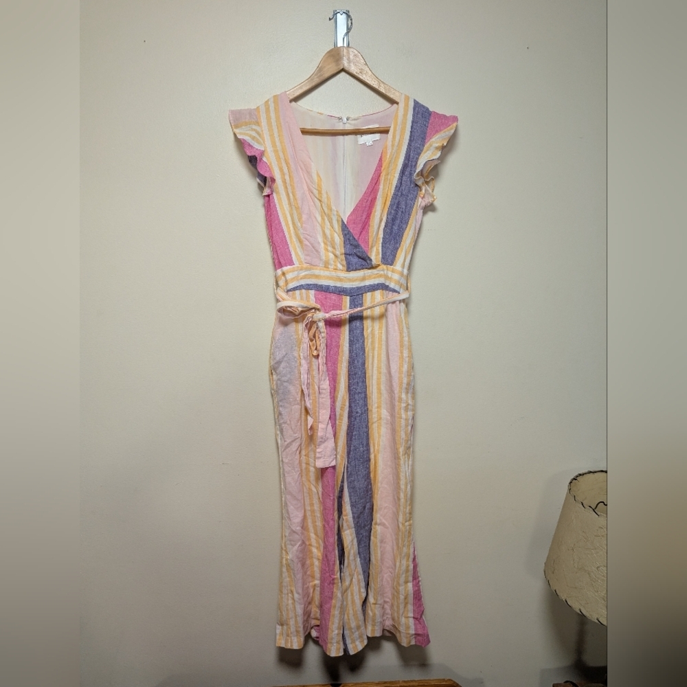 Line & Dot Striped Linen Wrap Jumpsuit – Multicolor – XS